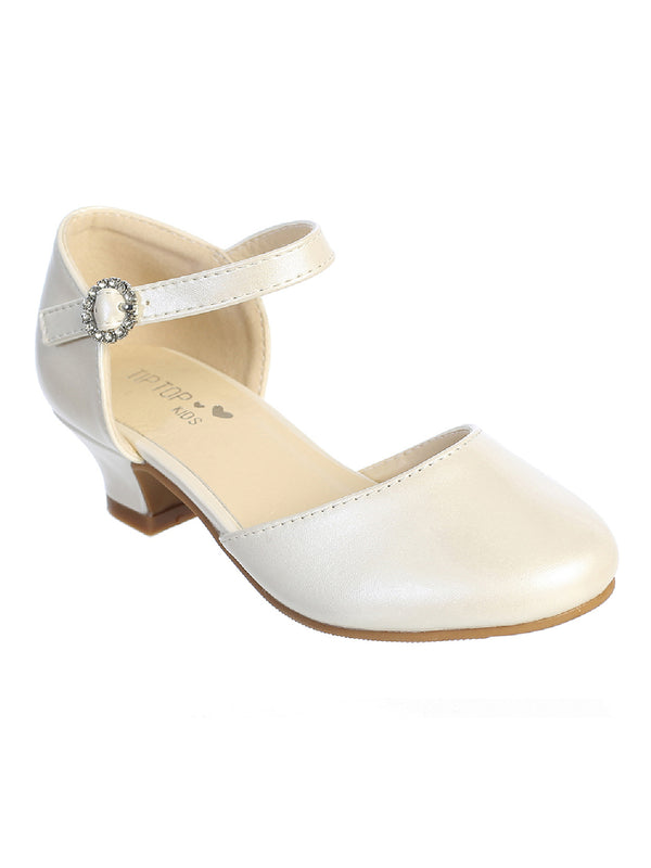 Tip Top Kids Girls Ivory Rhinestone Buckle Low Heel Dress Shoes 9 Toddler-5 Kids - SophiasStyle.com